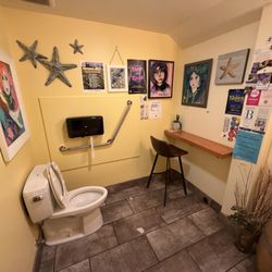 Tidal Cafe - Why is there a bar & a bar stool in their one-toilet bathroom??