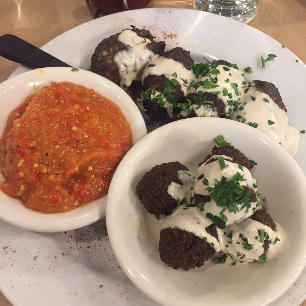 Oren's Hummus - Beef skewers with falafel and Romanian eggplant - Mediterranean Near Me - Mountain View, California Oren's Hummus - Beef skewers with falafel and Romanian eggplant - Mediterranean Near Me - Mountain View, California