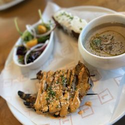 Luke's Kitchen and Bar - Lunchbox - Shrimp skewer, roasted mushroom soup, salad, and crispy potato cake
