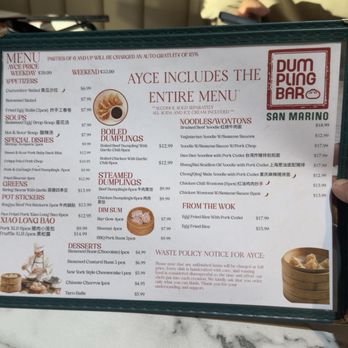 Dumpling Bar - Menu we went for the ayce option - Chinese Near Me - San Marino, California Dumpling Bar - Menu we went for the ayce option - Chinese Near Me - San Marino, California