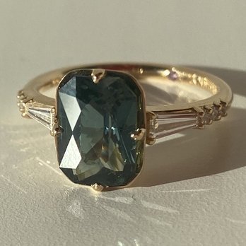 Soho Gem Sapphire & Diamond Engagement Rings NYC - Britt's Engagement ring: blue-green sapphire, tapered baguette diamonds, Irina Ferry, Soho Gems. - Jewelry Near Me - New York, New York