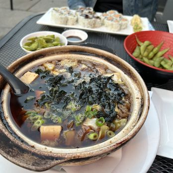 Sushi Aoi - Sukiyaki with Udon (Edamame and sushi rolls in the background) - Japanese Near Me - Washington, DC, District of Columbia Sushi Aoi - Sukiyaki with Udon (Edamame and sushi rolls in the background) - Japanese Near Me - Washington, DC, District of Columbia