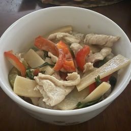 Green curry: bell beepers green and red, bamboo shoots and bail leaves Green curry: bell beepers green and red, bamboo shoots and bail leaves