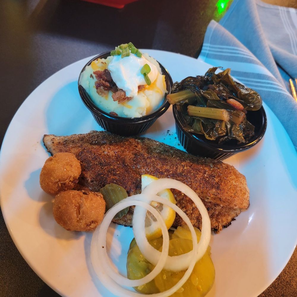 Blackened catfish with loaded mashed potatoes and collard greens
