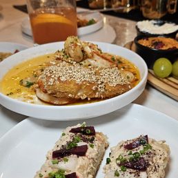 Cast-Iron Prawns & Chicken Circassian Toast Cast-Iron Prawns & Chicken Circassian Toast