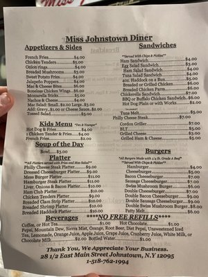 Menu photo 1 Miss Johnstown Diner Johnstown, NY Menu photo 1 Miss Johnstown Diner Johnstown, NY
