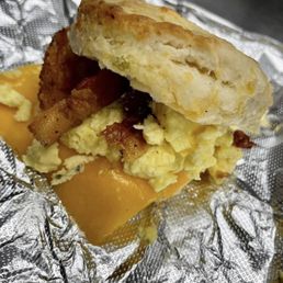 Jalapeño cheddar biscuit with bacon, egg and cheese