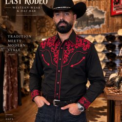 Last Rodeo - Men's western style at Last Rodeo Tempe: a black cowboy hat paired with a black shirt featuring bold red embroidery.