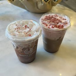red velvet cold brew & chocolate dipped strawberry latte