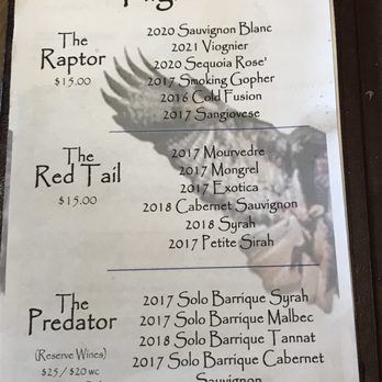 Hawk Watch Winery - Tasting menu on our 5/8/2022 visit. - Wineries Near Me - Warner Springs, California