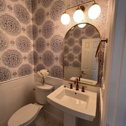 Prestige tile and bath - New floor tiles, wainscoting, wallpaper, toilet, pedestal sink, lighting, mirror, fixtures and vent.