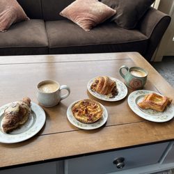 The Crumbum - Almond croissant, bacon, Gruyere & sage strata, ham & cheese croissant, and cheese danish!
