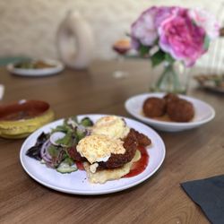Bey Mediterranean Kitchen & Bar - CHICKEN MILANESE BENEDICT, CRISPY POTATO CROQUETTE,