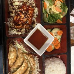 Delicious! Salmon teriyaki bento box with gyozas. Delicious! Salmon teriyaki bento box with gyozas.