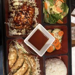 Miyako Japanese Restaurant - Delicious! Salmon teriyaki bento box with gyozas.