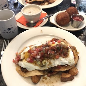 Bittersweet Kitchen - Huevos rancheros, sausage gravy (amazing) and fried mac n cheese - more like arancini balls - Breakfast & Brunch Near Me - Media, Pennsylvania
