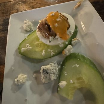 Blackdog Bar & Grill - Deviled Eggs - Buffalo Chicken with Blue Cheese crumbles. - American Near Me - Forest Grove, Oregon Blackdog Bar & Grill - Deviled Eggs - Buffalo Chicken with Blue Cheese crumbles. - American Near Me - Forest Grove, Oregon