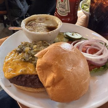 Claire's Restaurant and Bar - Bison burger with French onion soup.  It was okay. - New American Near Me - Estes Park, Colorado