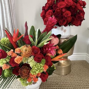 Pretty Blooms Flowers - Tropical arrangement and Romance Arrangement with Upgraded White Vases. - Florists Near Me