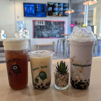 Hello Boba - Sea cream roasted oolong tea, honey jasmine milk tea, taro taro (left to right) - Bubble Tea Near Me - El Monte, California Hello Boba - Sea cream roasted oolong tea, honey jasmine milk tea, taro taro (left to right) - Bubble Tea Near Me - El Monte, California