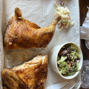 Mighty Quinn's Barbecue - Half chicken (dry) and broccoli (okay) - Barbeque Near Me - Columbia, Maryland