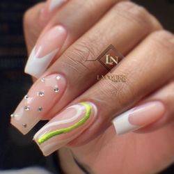 Lacquer Nails & Spa - Modern French acrylic nails with neon swirl design