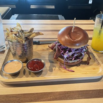 Proof - The Honey Serrano Chicken Sandwich, parmesan fries and mango lemonade. - New American Near Me - Kennewick, Washington
