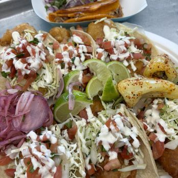 Miches De La Baja - Half fried fish and shrimp taco box and an ala cart birria taco. - Mexican Near Me - Riverside, California Miches De La Baja - Half fried fish and shrimp taco box and an ala cart birria taco. - Mexican Near Me - Riverside, California