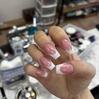 Classy Nails - Long acrylic french with pink powder and drawn white tips - Nail Salons Near Me - Montebello, California