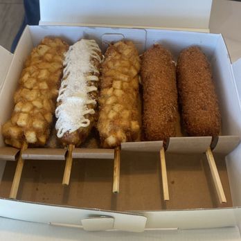 Mochinut - 2 Potato Korean Corn Dogs, 2 Original Mozzarella Korean Corn Dogs, 1 Elote Korean Corn Dogs - Desserts Near Me - Orlando, Florida Mochinut - 2 Potato Korean Corn Dogs, 2 Original Mozzarella Korean Corn Dogs, 1 Elote Korean Corn Dogs - Desserts Near Me - Orlando, Florida