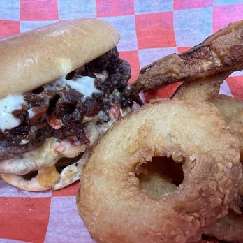 Sweet P’s - Big Sexy Burger with Onion Rings - Burgers Near Me - Perry, Georgia Sweet P’s - Big Sexy Burger with Onion Rings - Burgers Near Me - Perry, Georgia