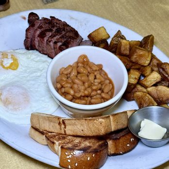 The Senator - steak & eggs - two eggs, 5 oz steak, maple baked beans, seasoned homefries & toast - Breakfast & Brunch Near Me - Toronto, Ontario The Senator - steak & eggs - two eggs, 5 oz steak, maple baked beans, seasoned homefries & toast - Breakfast & Brunch Near Me - Toronto, Ontario