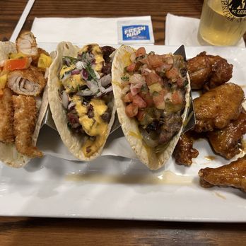 Prospector's Grille & Saloon - Tacos (grouper, beef brisket, steak) and the extra Korean bbq wings - American Near Me - Mount Laurel, New Jersey Prospector's Grille & Saloon - Tacos (grouper, beef brisket, steak) and the extra Korean bbq wings - American Near Me - Mount Laurel, New Jersey