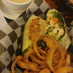 Chicken club wrap with onion rings and chowder Chicken club wrap with onion rings and chowder