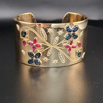 The Edna Collective - Front view of yellow gold bracelet cuff with heirloom rubies, sapphires & diamonds - Jewelry Near Me - Burlingame, California The Edna Collective - Front view of yellow gold bracelet cuff with heirloom rubies, sapphires & diamonds - Jewelry Near Me - Burlingame, California