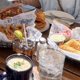 Fish & Chips, clam chowder, lobster roll and calamari Fish & Chips, clam chowder, lobster roll and calamari