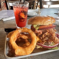 Stones Throw Brewing - Burger and Onion rings. Awesome combo
