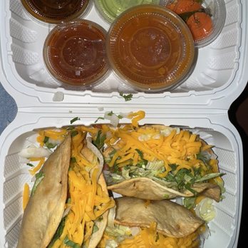 Los Tacos  - Left: shredded chicken hard shell taco, right top and bottom: hard shell 2 Potato Tacos - Mexican Near Me - Pasadena, California