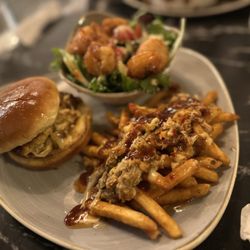 Crab Cab - Stackanator meal. Lump-crab meat sandwich, firecracker shrimp salad, and crab fries.