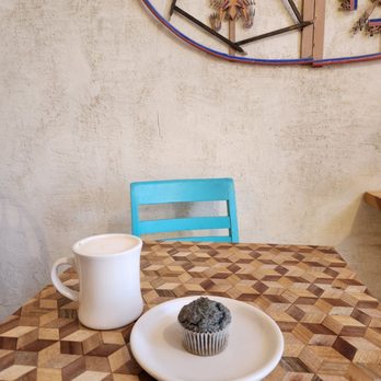 Cow Canyon Coffee - latte and blue corn muffin - Coffee & Tea Near Me - Bluff, Utah