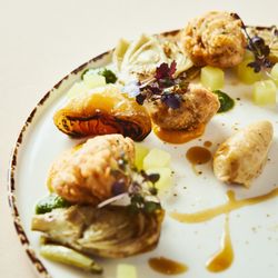 JORY - Chicken Fried Sweetbreads with ginger sweet potatoes, cipollini, pickled Granny Smith apple, artichoke, arugula pistou, hazelnut, thyme jus.