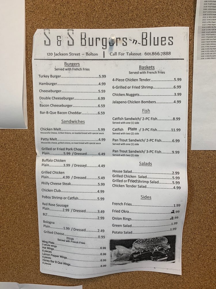 S & S BURGERS AND BLUES 120 Jackson St, Bolton, Mississippi Burgers