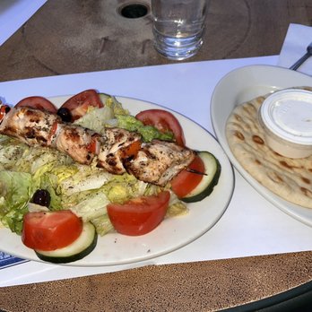 Athenian Room - Large salad with chicken shish kebab. Pita and tzatziki. - Greek Near Me - Chicago, Illinois