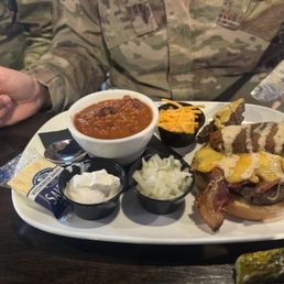 Jalapeno Popper Burger with a side of chili