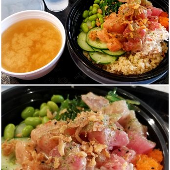 Grindz - Aloha infused Poke - $9.50 Bowl w/3 Scoops of Protein + Miso Soup (Yelp Check-in and/or purchase of bowl from their billboard stand), tasty meal! - Poke Near Me - Monrovia, California Grindz - Aloha infused Poke - $9.50 Bowl w/3 Scoops of Protein + Miso Soup (Yelp Check-in and/or purchase of bowl from their billboard stand), tasty meal! - Poke Near Me - Monrovia, California