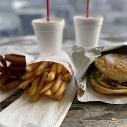 Big Bubba’s Burgers - Double cheeseburger, fries, onion rings, peanut butter milkshake and strawberry/vanilla milkshake