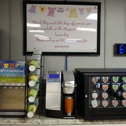 New coffee bar with options including a choice of coffees, hot chocolate, decaf, and cider!