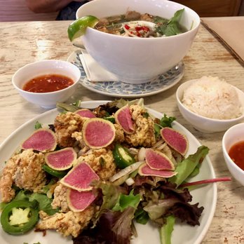 Le Bleu - Salt & pepper shrimp with steamed rice. Pho ga at the back. - Vietnamese Near Me - Austin, Texas Le Bleu - Salt & pepper shrimp with steamed rice. Pho ga at the back. - Vietnamese Near Me - Austin, Texas