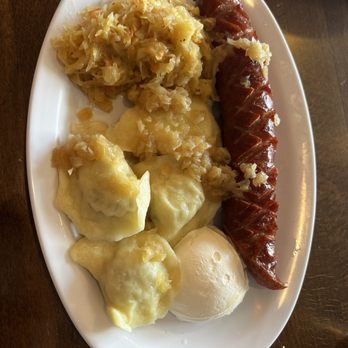 Rosa-Ly Pierogi - Number 2: four pierogis; sauerkraut and Grilled Kielbasa - Polish Near Me - Fairfield, New Jersey Rosa-Ly Pierogi - Number 2: four pierogis; sauerkraut and Grilled Kielbasa - Polish Near Me - Fairfield, New Jersey
