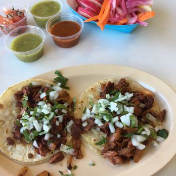 Gutierrez Mexican Restaurant - 2 al pastor tacos., so good .. and a sample of the salsa bar and extras! - Mexican Near Me - Moorpark, California